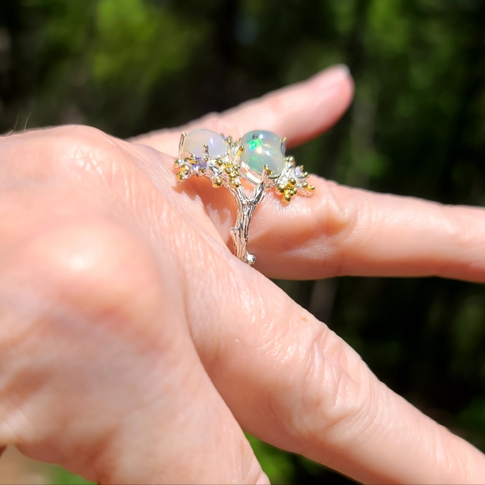 STUNNING Three Queens Opal & Tanzanite floral cocktail ring sz 7.5 - Picture 8 of 9
